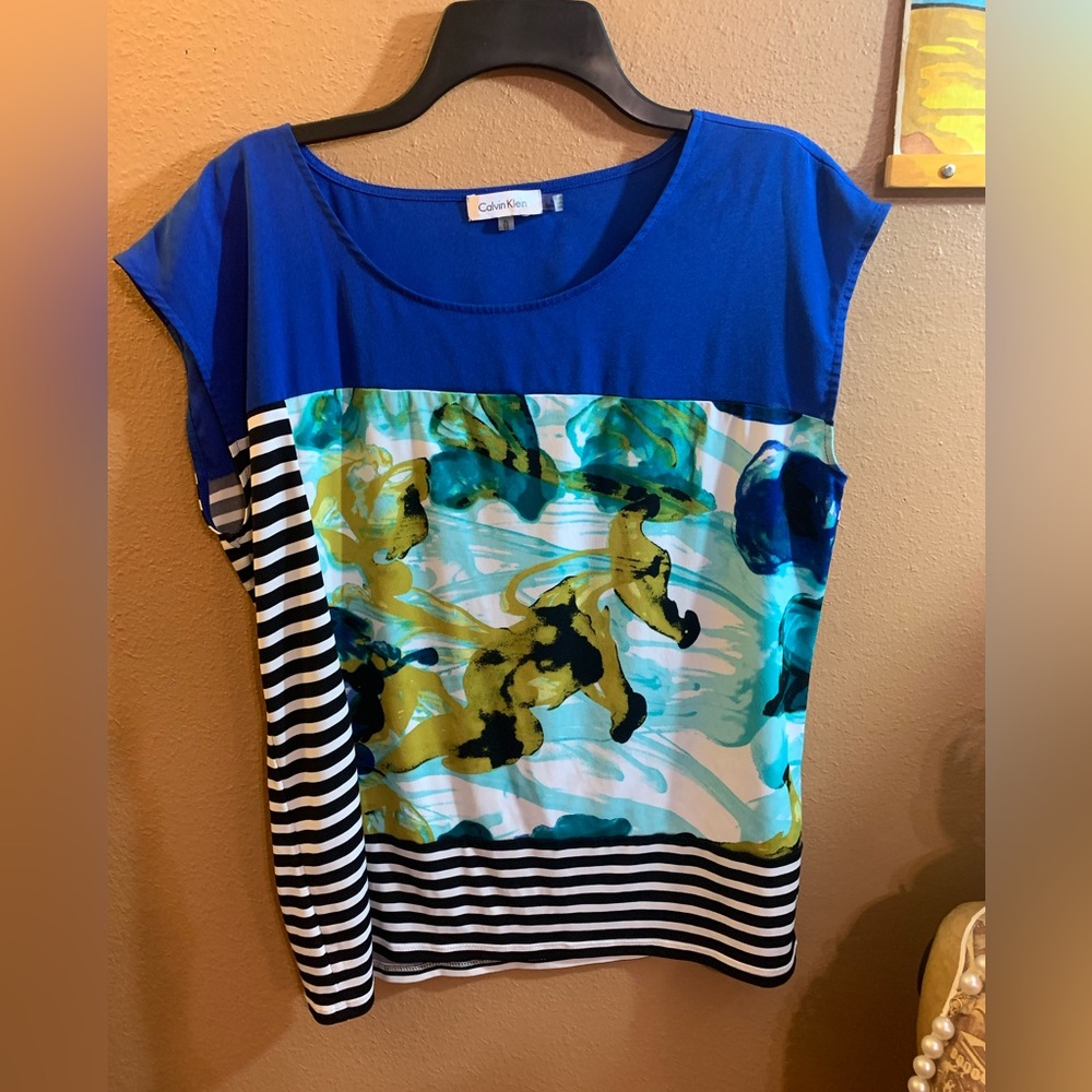 Calvin Klein Mixed Floral Blue Black and White Striped Blouse XL